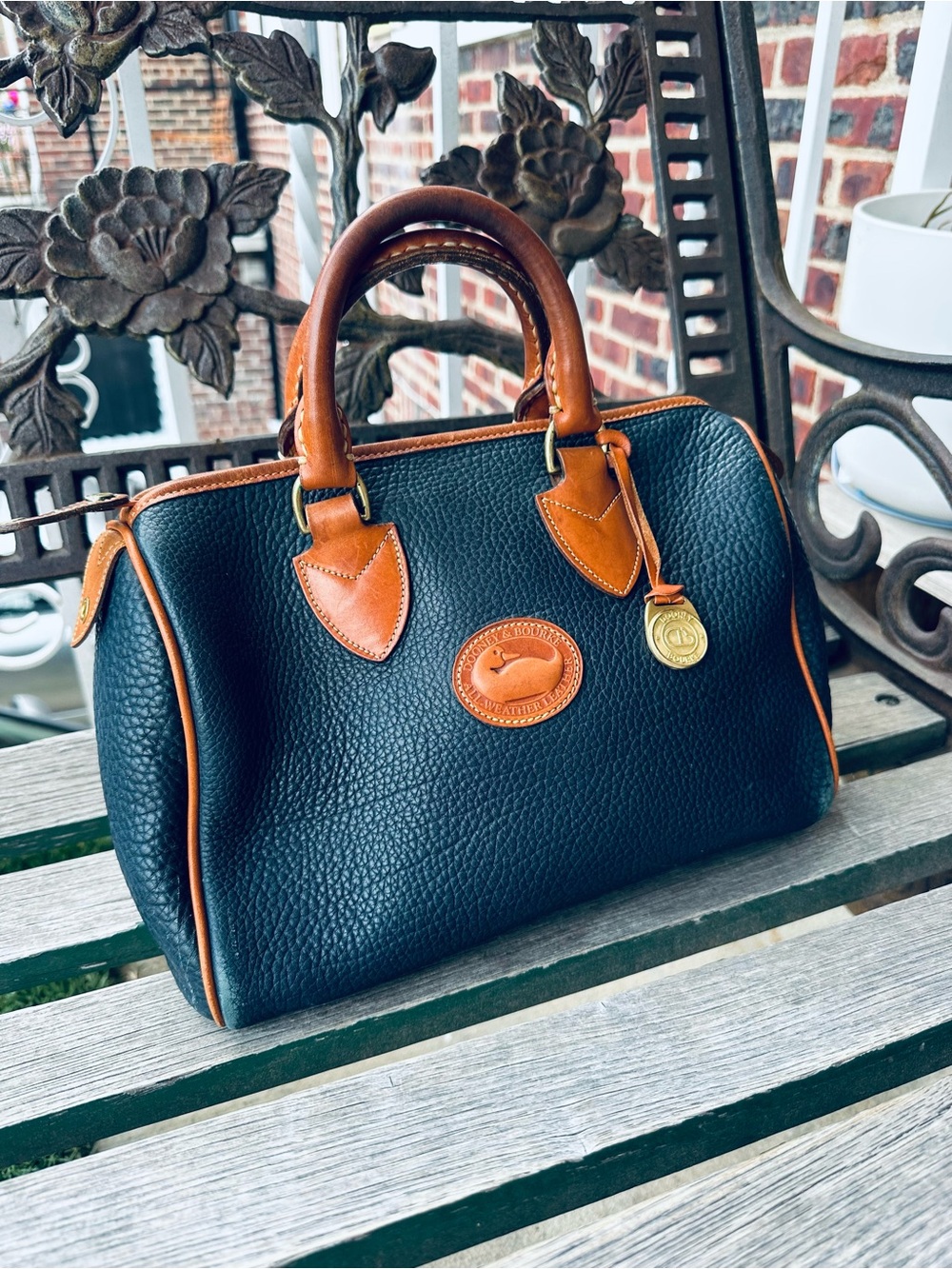 Dooney & Bourke Blue Pebbled Leather 1980s Boston with Tan Trim and Handles